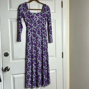 SCOOP Purple floral print cottage Square Neck Front Slit maxi Dress size XS  0/2